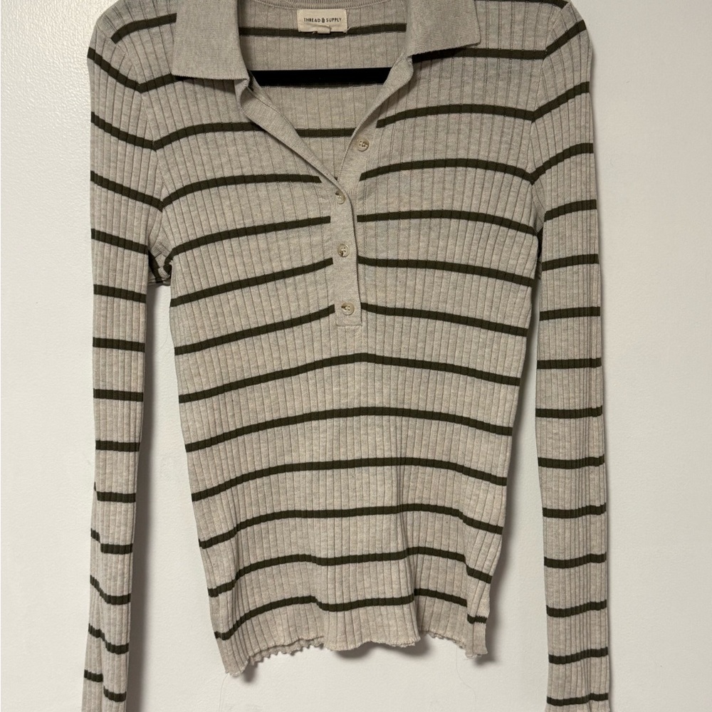 Thread & Supply olive  and cream Striped Button Down Shirt